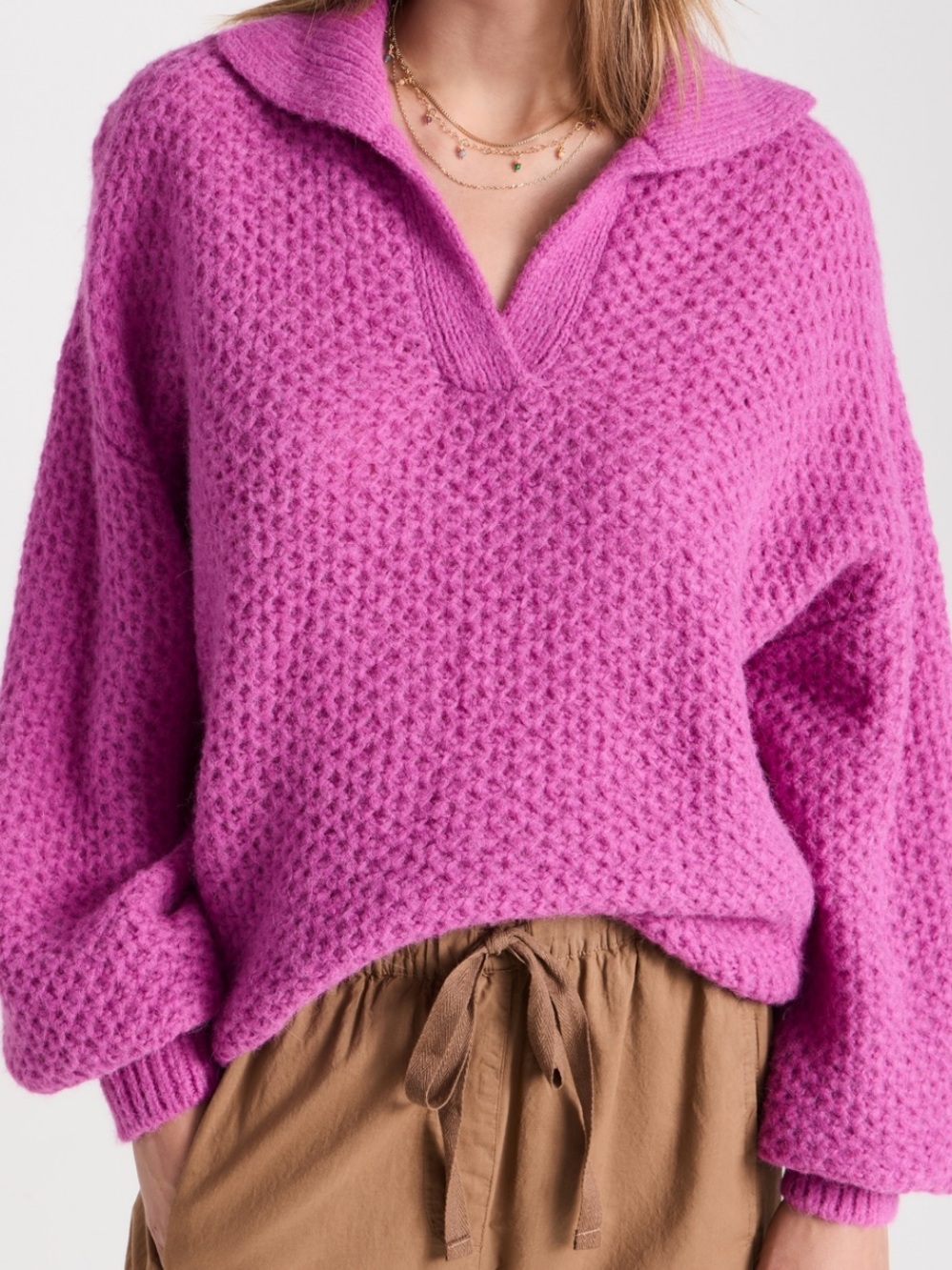 Xirena Fuchsia Textured V-Neck Sweater, XS